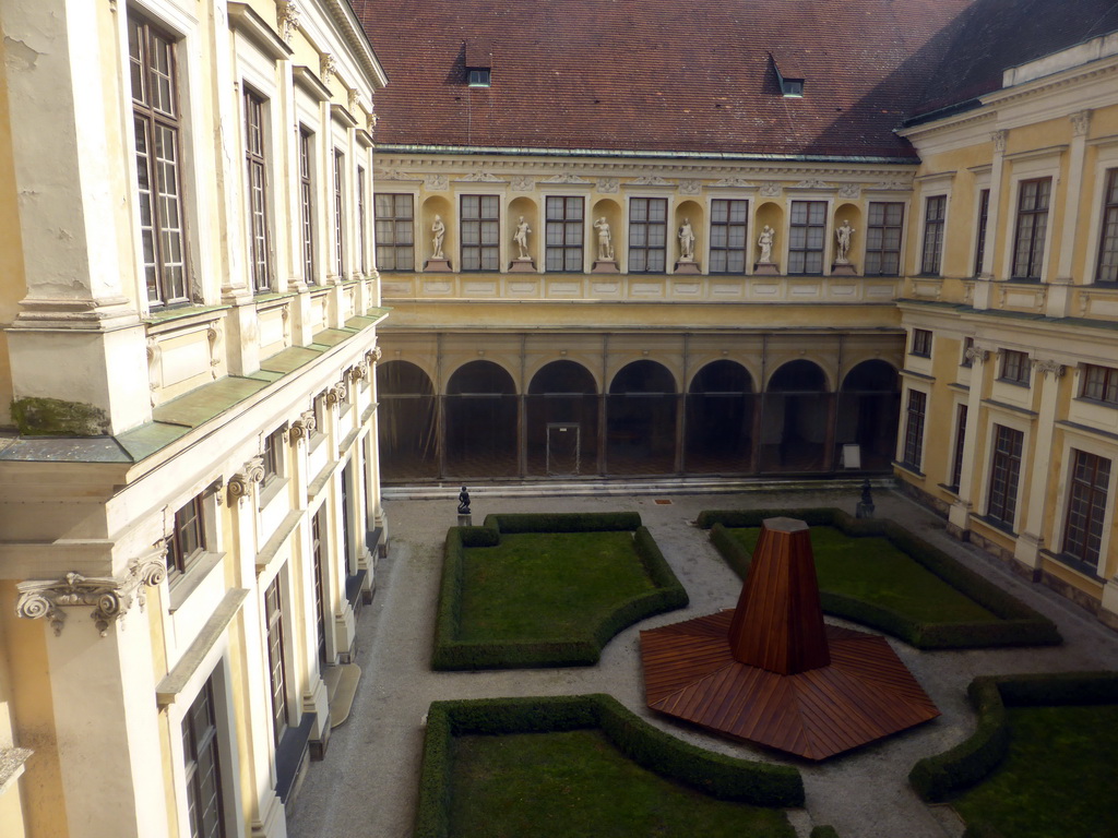 The Grottenhof courtyard with a fountain, under renovation, viewed from the Upper Floor of the Munich Residenz palace