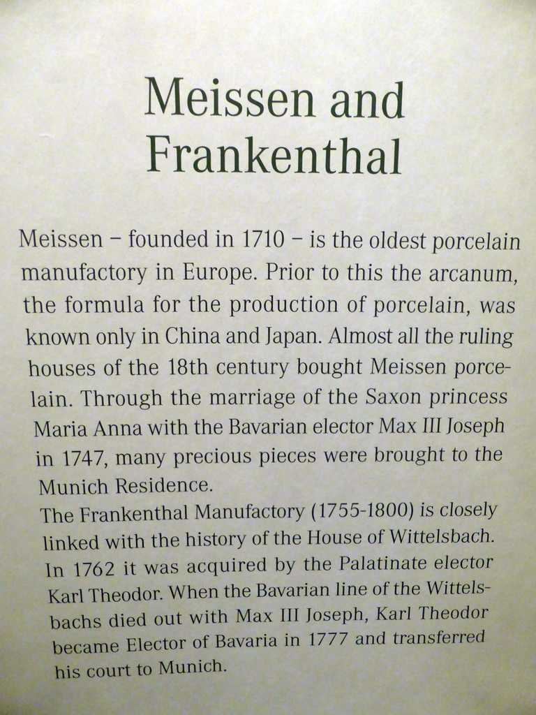 Information on porcelain from Meissen and Frankenthal at the Porcelain Chambers at the Upper Floor of the Munich Residenz palace
