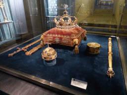 Crown, orb, staff and swords of the King of Bavaria, at the Treasury at the Lower Floor of the Munich Residenz palace, with explanation