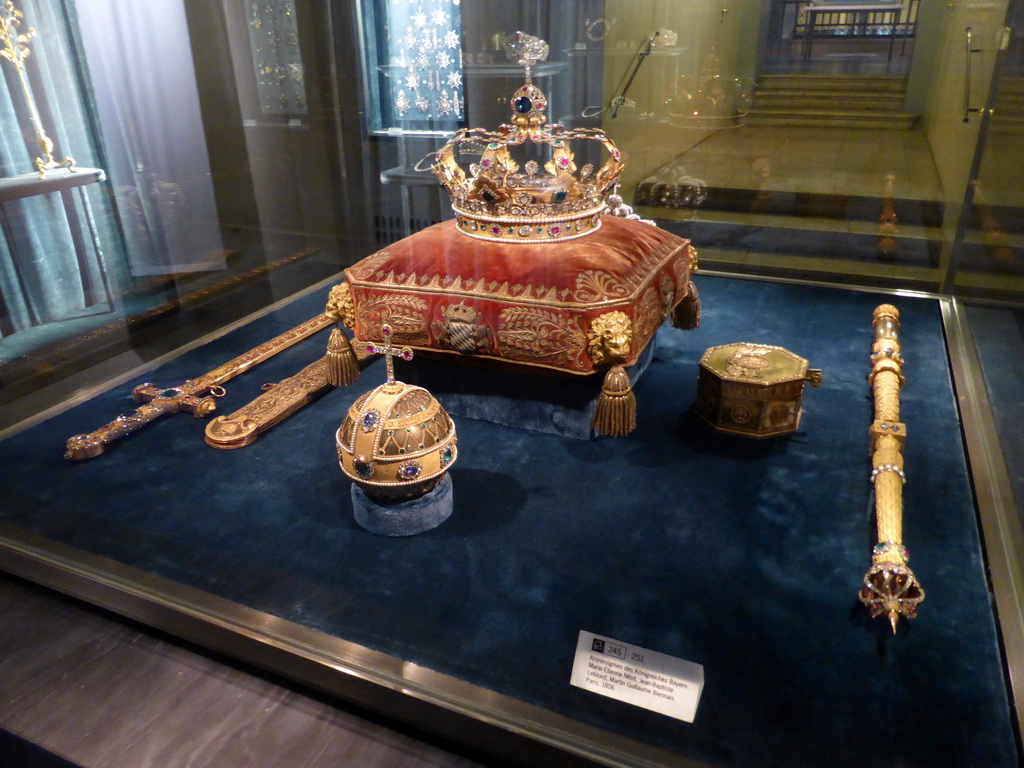 Crown, orb, staff and swords of the King of Bavaria, at the Treasury at the Lower Floor of the Munich Residenz palace, with explanation