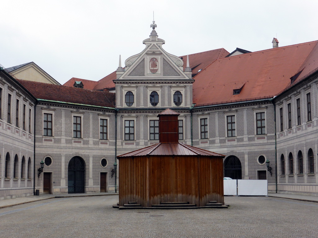 Brunnenhof courtyard of the Munich Residenz palace with a fountain with a bronze statue of Duke Otto I, under renovation