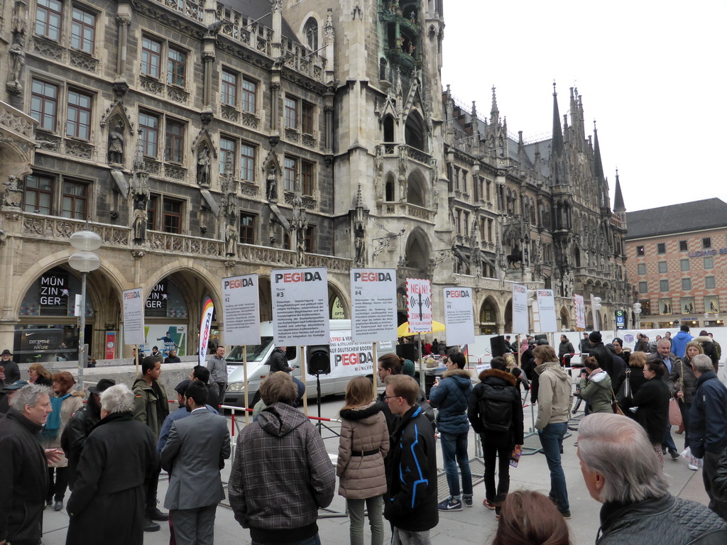Pegida demonstration in front of the Neues Rathaus building at the Marienplatz square