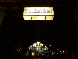 Entrance and front of the Augustiner Keller beer hall at the Arnulfstraße street, by night