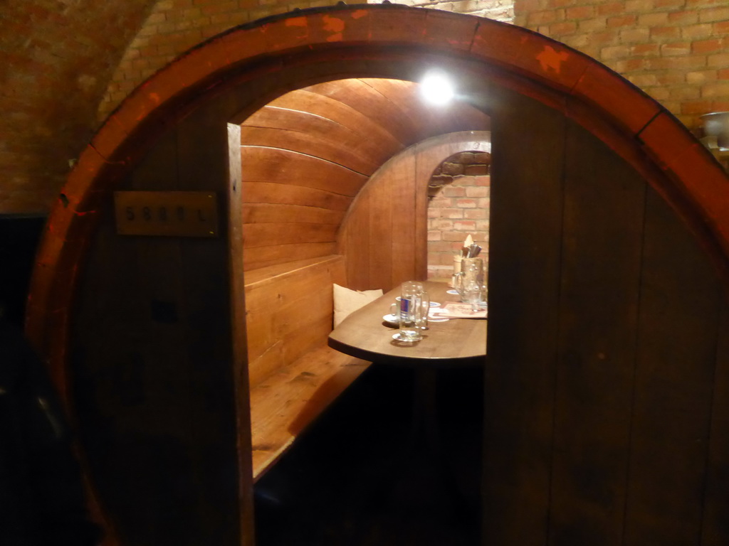 Table in a beer barrel at the Alterlagerkeller basement of the Augustiner Keller beer hall