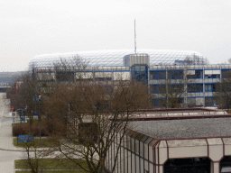 The Allianz Arena stadium, viewed from the pedestrian bridge at the Fröttmaning metro station