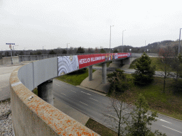 Banner of the German Championship 2015 of FC Bayern Munich, at the Kurt Landauer Weg road over the Bundesautobahn 9 highway