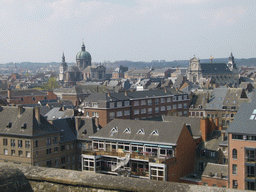 The city center with St. Aubin`s Cathedral and the Église Saint-Loup de Namur church, viewed from the east side of the Citadel of Namur