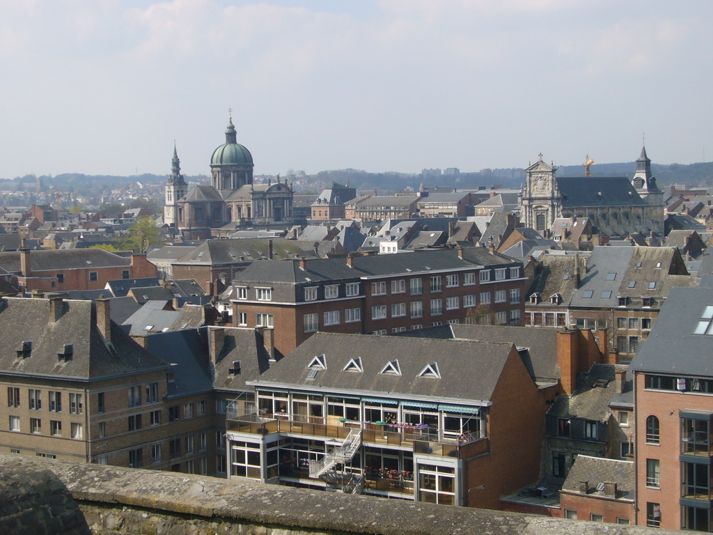 The city center with St. Aubin`s Cathedral and the Église Saint-Loup de Namur church, viewed from the east side of the Citadel of Namur