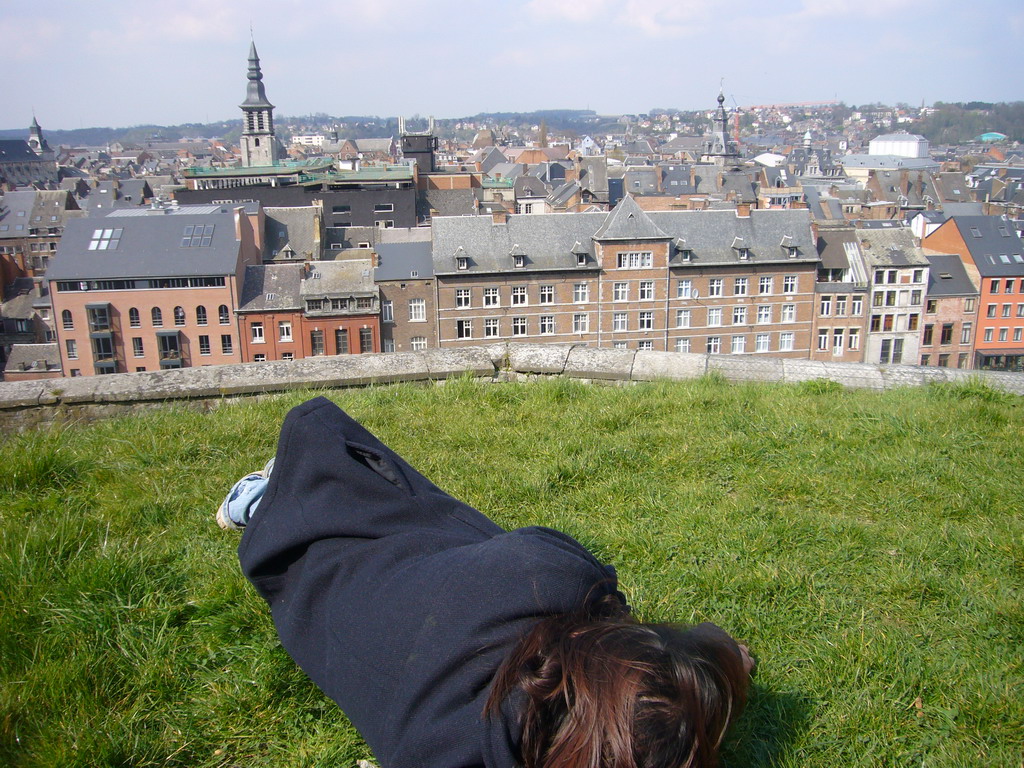 Miaomiao in the grassland at the east side of the Citadel of Namur, with a view on the city center with the Church of St. John the Baptist and the Belfry of Namur
