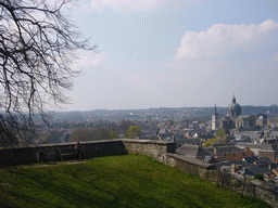 Grassland at the east side of the Citadel of Namur, with a view on the city center with St. Aubin`s Cathedral