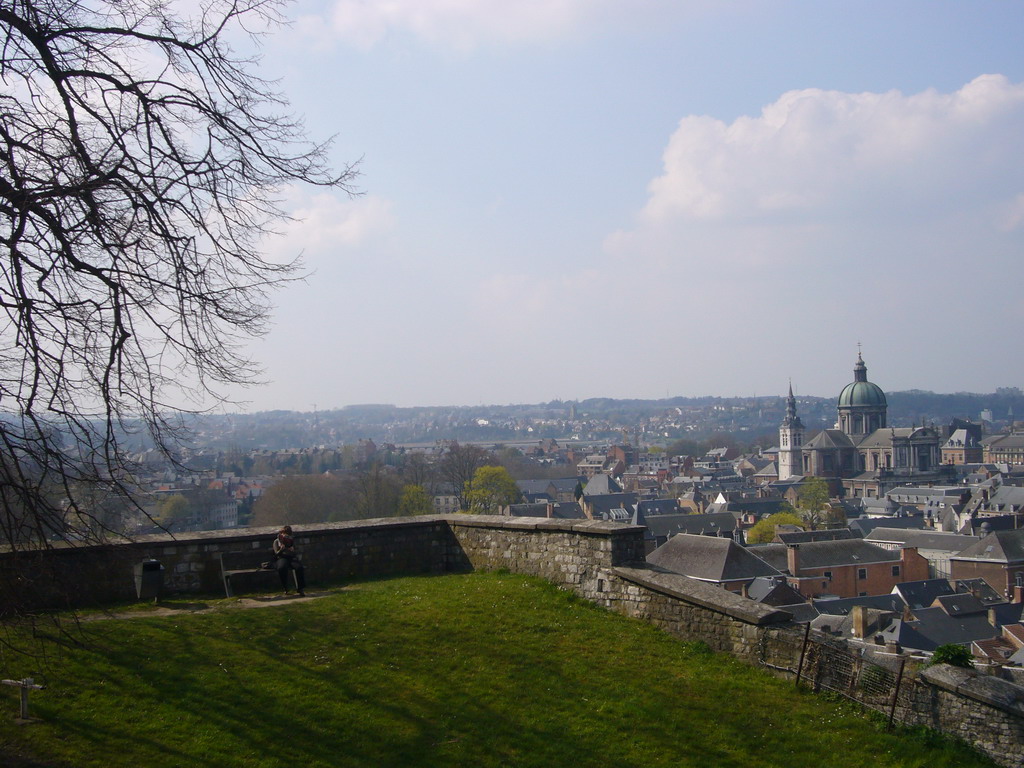 Grassland at the east side of the Citadel of Namur, with a view on the city center with St. Aubin`s Cathedral