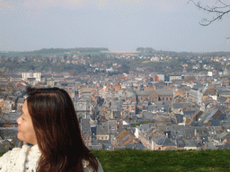 Miaomiao at a viewing point at the north side of the Citadel of Namur, with a view on the city center with the Église Saint-Loup de Namur church and the Église Saint-Jacques de Namur church