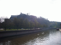 The Citadel of Namur and boat in the Sambre river, viewed from the Rue du Pont bridge
