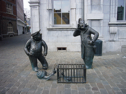 Statues `Djoseph et Françwès` by Jean Legrand in front of the Namur Palais des Congrès building at the Place d`Armes square