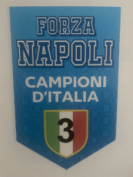 Sticker for SSC Napoli`s third Italian championship on the door of the fridge in the kitchen of the House of Mola apartment