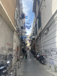 Decorations for SSC Napoli`s third Italian championship at the Via Fratelli Magnoni street, viewed from the Riviera di Chiaia street