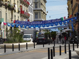 Decorations for SSC Napoli`s third Italian championship at the Via Ferdinando Galiani street, viewed from the Riviera di Chiaia street