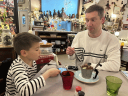 Tim and Max eating Tiramisu at the Trattoria Pizzeria `Da Alfredo` a Poggioreale restaurant