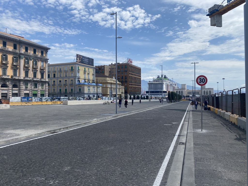 The Piazza Municipio square and the `Wonder of the Seas` cruise ship in the Naples Port