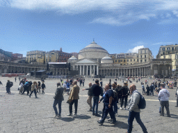 The Piazza del Plebiscito square with the front of the Basilica Reale Pontificia San Francesco da Paola church and stage for the May 1 celebrations