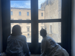 Miaomiao and Max at the Second Floor of the Civic Museum at the Castel Nuovo castle, with a view on the inner square with the Monumental Stairway and the front of the Baron`s Antechambers, the Armoury Hall and the Baron`s Hall