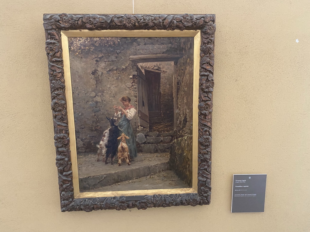 Painting `Contadina e Caprette` by Vincenzio Caprile at the Second Floor of the Civic Museum at the Castel Nuovo castle, with explanation