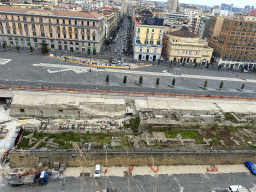 Ruins at the Piazza Municipio square, viewed from the north side of the roof of the Castel Nuovo castle