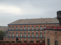 Southwest side of the Castel Nuovo castle with the Watch Tower and the northeast side of the Royal Palace of Naples, viewed from the northwest side of the roof