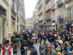 Shops and decorations for SSC Napoli`s third Italian championship at the Via Toledo street