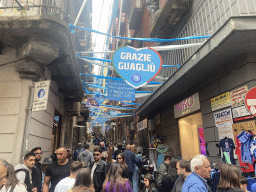 Decorations for SSC Napoli`s third Italian championship at the Vico Sergente Maggiore street, viewed from the Via Toledo street