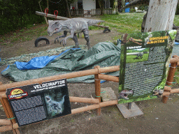 Velociraptor statue at the Zoorassic Park exhibition at the Zoo di Napoli, with explanation