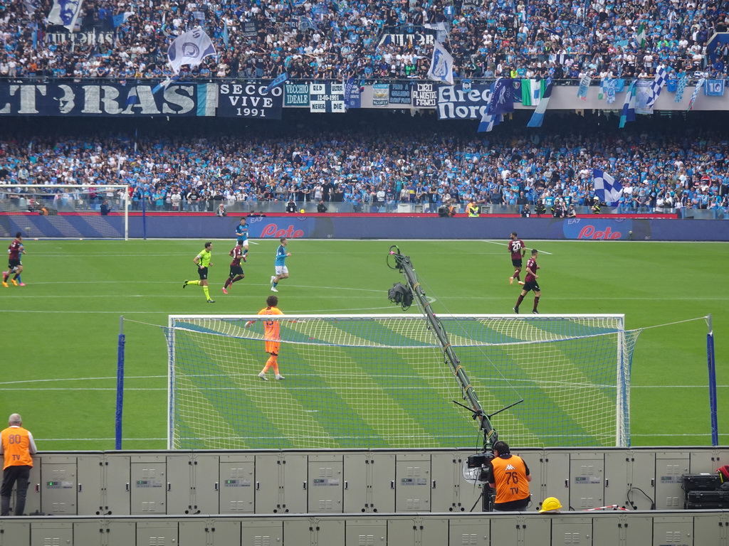 Players on the pitch at the Stadio Diego Armando Maradona stadium, viewed from the Curva A Inferiore grandstand, during the football match SSC Napoli - Salernitana