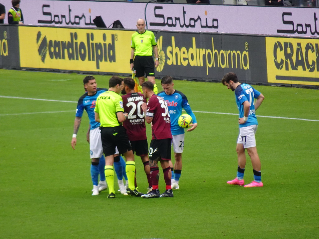 SSC Napoli getting a free kick at the Stadio Diego Armando Maradona stadium, viewed from the Curva A Inferiore grandstand, during the football match SSC Napoli - Salernitana