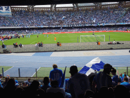 Players leaving the pitch at the Stadio Diego Armando Maradona stadium, viewed from the Curva A Inferiore grandstand, during halftime at the football match SSC Napoli - Salernitana