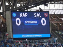 Screen showing the score at the Stadio Diego Armando Maradona stadium, viewed from the Curva A Inferiore grandstand, during halftime at the football match SSC Napoli - Salernitana