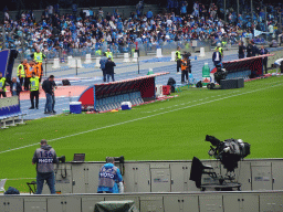 Dugouts at the Stadio Diego Armando Maradona stadium, viewed from the Curva A Inferiore grandstand, during halftime at the football match SSC Napoli - Salernitana