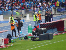 Dugout at the Stadio Diego Armando Maradona stadium, viewed from the Curva A Inferiore grandstand, during halftime at the football match SSC Napoli - Salernitana