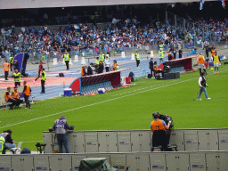 Dugouts at the Stadio Diego Armando Maradona stadium, viewed from the Curva A Inferiore grandstand, during halftime at the football match SSC Napoli - Salernitana