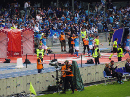 Players entering the pitch at the Stadio Diego Armando Maradona stadium, viewed from the Curva A Inferiore grandstand, during halftime at the football match SSC Napoli - Salernitana