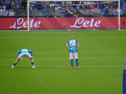 Players on the pitch at the Stadio Diego Armando Maradona stadium, viewed from the Curva A Inferiore grandstand, during halftime at the football match SSC Napoli - Salernitana