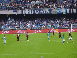 Players on the pitch at the Stadio Diego Armando Maradona stadium, viewed from the Curva A Inferiore grandstand, during halftime at the football match SSC Napoli - Salernitana