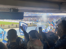 Football fans at the Curva B grandstand celebrating a SSC Napoli goal at the Stadio Diego Armando Maradona stadium, during the football match SSC Napoli - Salernitana