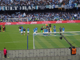 Players on the pitch thanking the crowd at the Stadio Diego Armando Maradona stadium, viewed from the Curva A Inferiore grandstand, right after the football match SSC Napoli - Salernitana