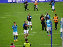 Players on the pitch thanking the crowd at the Stadio Diego Armando Maradona stadium, viewed from the Curva A Inferiore grandstand, right after the football match SSC Napoli - Salernitana