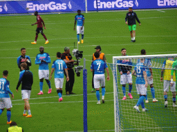 Players on the pitch thanking the crowd at the Stadio Diego Armando Maradona stadium, viewed from the Curva A Inferiore grandstand, right after the football match SSC Napoli - Salernitana