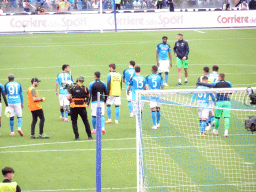 Players on the pitch thanking the crowd at the Stadio Diego Armando Maradona stadium, viewed from the Curva A Inferiore grandstand, right after the football match SSC Napoli - Salernitana