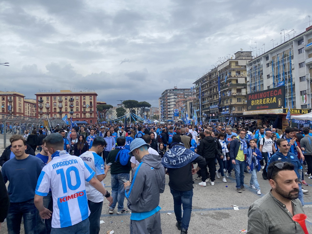 Football fans at the southeast side of the Stadio Diego Armando Maradona stadium at the Via Giambattista Marino street, right after the football match SSC Napoli - Salernitana