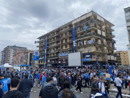 Football fans at the southeast side of the Stadio Diego Armando Maradona stadium at the Via Giambattista Marino street, right after the football match SSC Napoli - Salernitana