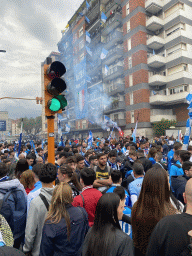 Football fans at the crossing of the Via Giambattista Marino and Via Pietro Jacopo de Gennaro streets, right after the football match SSC Napoli - Salernitana