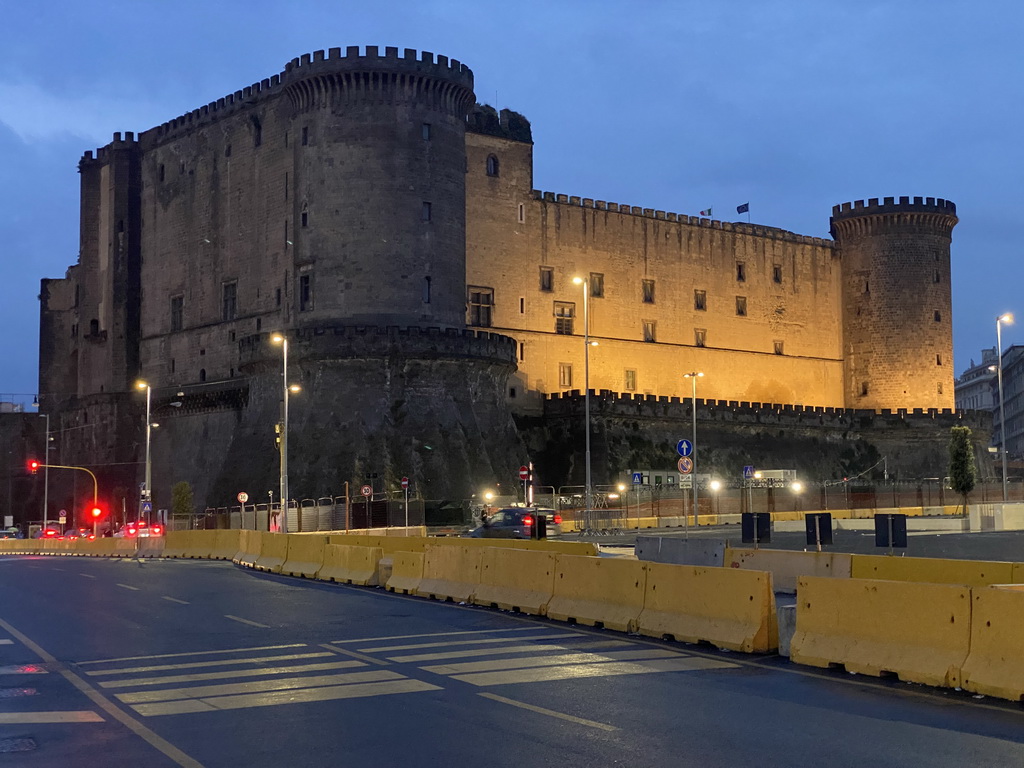 Northeast side of the Castel Nuovo castle, viewed from the Piazza Municipio square, by night